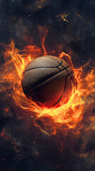 Fototapeta premium Dynamic basketball ball engulfed in fire during intense sport competition. Match flame intensity creating championship league power display
