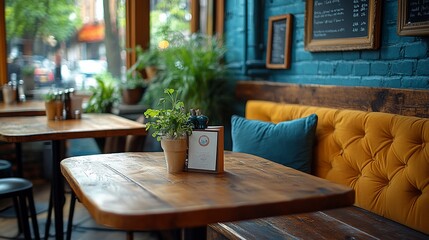Fototapeta premium A cozy cafe interior with wooden tables, a yellow booth, and a plant on the table.