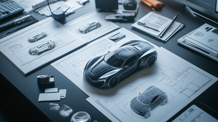 デザインの各段階を示す車の設計図