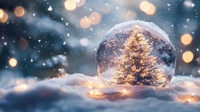 A snow globe with a Christmas tree inside, nestled in a snowy landscape with string lights