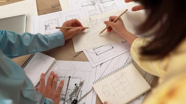 Professional engineer team discussion about house design on meeting table with architectural equipment and building blueprint scatter around at modern office. Focus on hand. Closeup. Delineation.