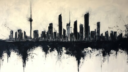 Abstract black-and-white skyline illustration of a city with a mirrored effect.
