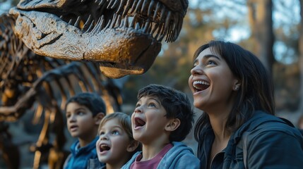 Family adventure at the museum with kids marveling at a dinosaur skeleton in awe during a fun day out
