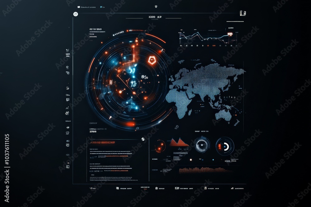 Poster a futuristic digital interface displays global data and analytics, featuring maps, graphs, and inter