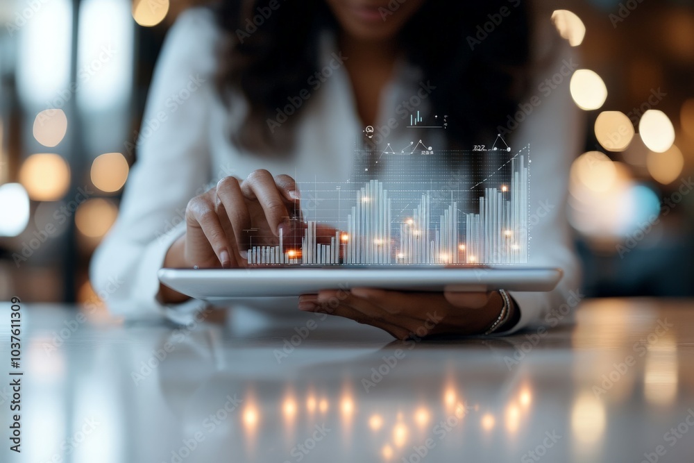 Poster a person interacts with a tablet displaying futuristic data visualizations, featuring graphs and abs