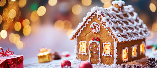 Naklejka premium banner of ginger bread decoration for x'mas party in the decorated living room graphic picture of the christmas decoration party
