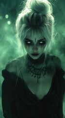 A mystical woman with white hair and eerie makeup embodies the supernatural in a glowing green aura at twilight