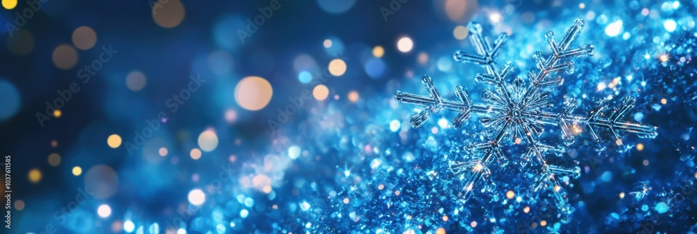 Poster delicate snowflakes sparkle in a deep blue setting, surrounded by a soft glow, evoking the enchantin
