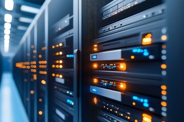 A state-of-the-art data center with rows of illuminated server racks, symbolizing technology, connectivity, and the modern digital infrastructure powering communication.