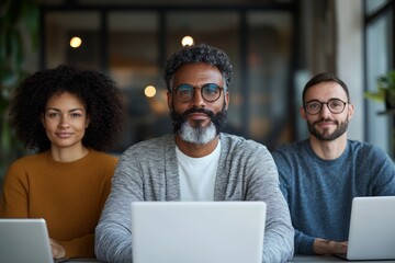 A diverse group of professionals sit at a table working on laptops, representing unity, diversity, and collaboration within a modern office environment.