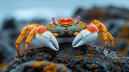 A vibrant crab perched on a rocky surface, showcasing its colorful features.
