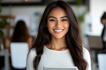 A young woman smiling brightly while holding a digital tablet, representing modern technology and positive engagement in a digital work environment.