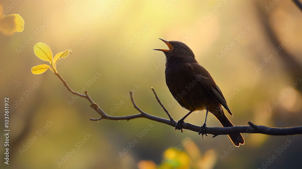 Wall mural melodious bird perched singing sweet song on tree branch in spring nature, forest wildlife with cute