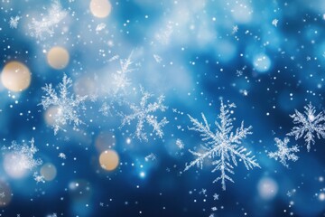 Fototapeta premium Delicate snowflakes shimmer and dance against a rich blue background, creating a magical winter atmosphere filled with light. Generative AI