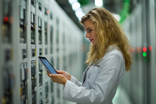 Woman in Lab Coat Using Tablet in Advanced Data Center Environment