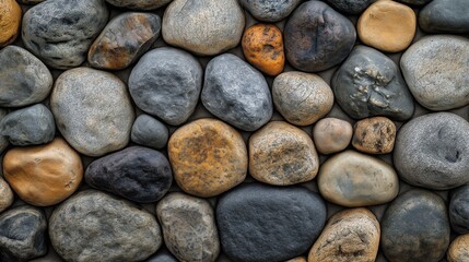 A stunning pebble-stone wall features rounded stones in shades of grey, brown, and white, creating a textured masterpiece