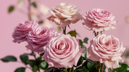Fototapeta premium Bouquet of pink roses with green leaves, close-up view, highlighting soft petals