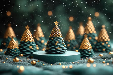 3d rendering objects  christmas green stage and pine forest tree  with gold stars and snowing  , used as background of the product presentation