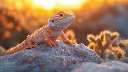 A plush bearded dragon toy basking on a sparkling rock under a glowing desert sunset in pastel colors