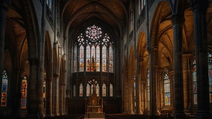 Obraz premium The interior of a grand church, bathed in the warm light of stained glass windows. Sunlight streams through the arches and illuminates the stone pillars and the altar at the end of the aisle.