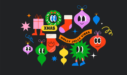 Merry Christmas, collection of funny cartoons, stickers, illustrations. Retro modern style Christmas ornaments, Santa, Xmas tree with funny faces, eyes and smiles. 