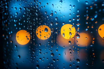Naklejka premium A close-up of raindrops on a window, creating a blurred effect with warm orange lights shining through a blue-toned background.