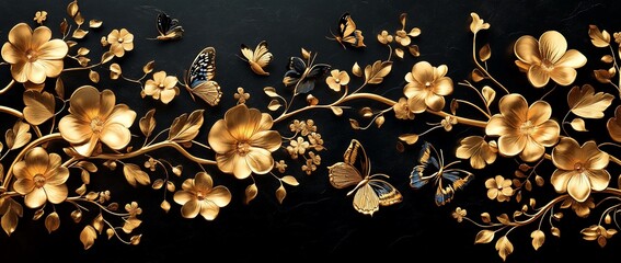A decorative design featuring golden flowers and butterflies on a dark background.