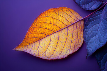 Obraz premium A vibrant orange and purple leaf sits against a contrasting purple background, highlighting its intricate veins and textures.