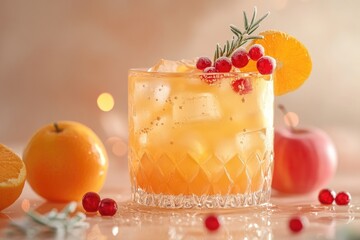 Refreshing Citrus Cocktail with Cranberries, Orange Slice, and Ice in a Glass