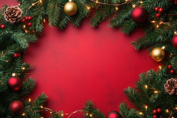 Festive Christmas Background with Red and Gold Ornaments on Pine Branches