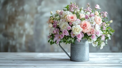 A charming vintage watering can filled with lavender roses, white gardenias, and pale pink peonies on a rustic white wooden table