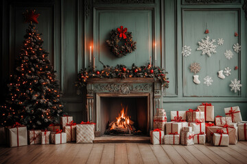 the classic vintage green well decorated  living room with wreath on the lit fireplace for christmas party and the xmas tree with gift boxes 