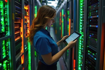 Woman Using Tablet in Illuminated Data Center Server Room
