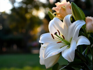 Obraz premium A classic funeral floral arrangement featuring white lilies and roses, set in a peaceful garden backdrop.
