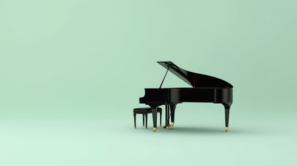 Elegant grand piano with a simple bench in a minimalist setting on a green background