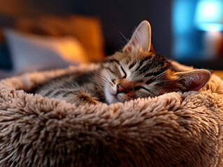A small kitten nestled in a circular pet anxiety bed that resembles a mother's fur. The bed is fluffy, soft, comforting.