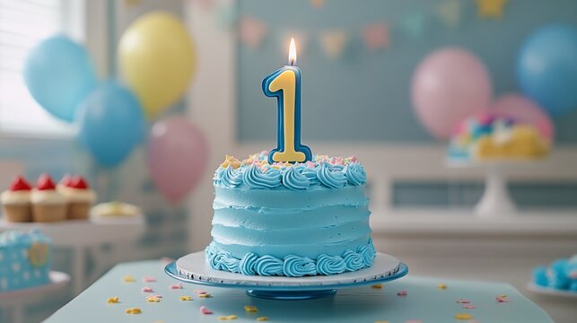 A blue frosted cake with a lit number one candle on a cake stand surrounded by decorations at a baby shower or first birthday party.