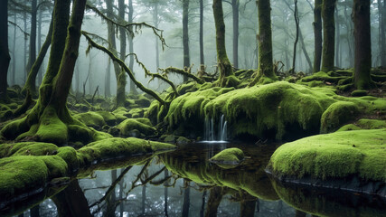 Fototapeta premium forest with moss on a foggy morning in the woods