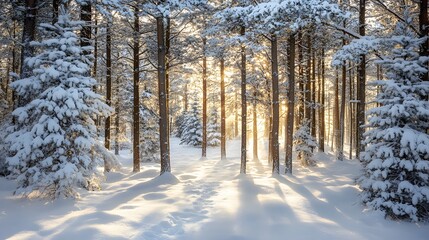 Sunbeams Filtering Through Snow-Covered Pine Trees in a Winter Forest