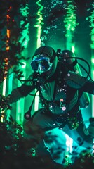 A man in a scuba diving suit is underwater in a greenish-blue environment