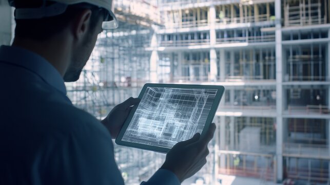 A project manager inspecting construction progress on a tablet with digital building models displayed, Digital model inspection scene, Virtual construction oversight style