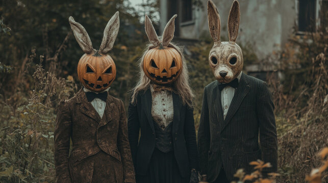 Naklejki Three eerie figures, wearing pumpkin and rabbit masks, stand in a spooky garden. Their strange clothes and the vintage setting create a chilling Halloween vibe.
