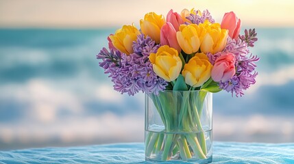 Joyful spring bouquet of yellow tulips and purple hyacinths against a serene ocean backdrop, celebrating nature's beauty