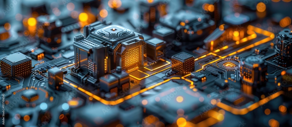 Canvas Prints abstract digital city with glowing circuits.
