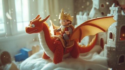 A brave knight embarks on a magical journey atop a plush dragon through a fantastical kingdom of pillows and blankets