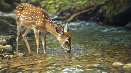 A graceful deer drinking water from a clear stream