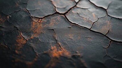 A close-up of a cracked black surface with orange highlights, showcasing intricate patterns and textures.