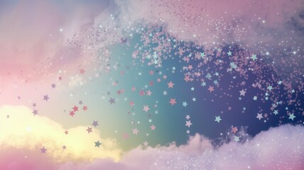 Fototapeta premium Colorful whimsical scene with pastel clouds, rainbow, and magical creatures