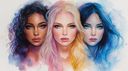 Expressions of Diversity: A vibrant watercolor portrayal of three women representing unique backgrounds and features