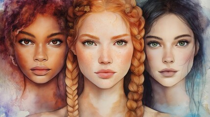 A harmonious watercolor portrait featuring three diverse women with unique hairstyles and captivating expressions in soft pastel tones